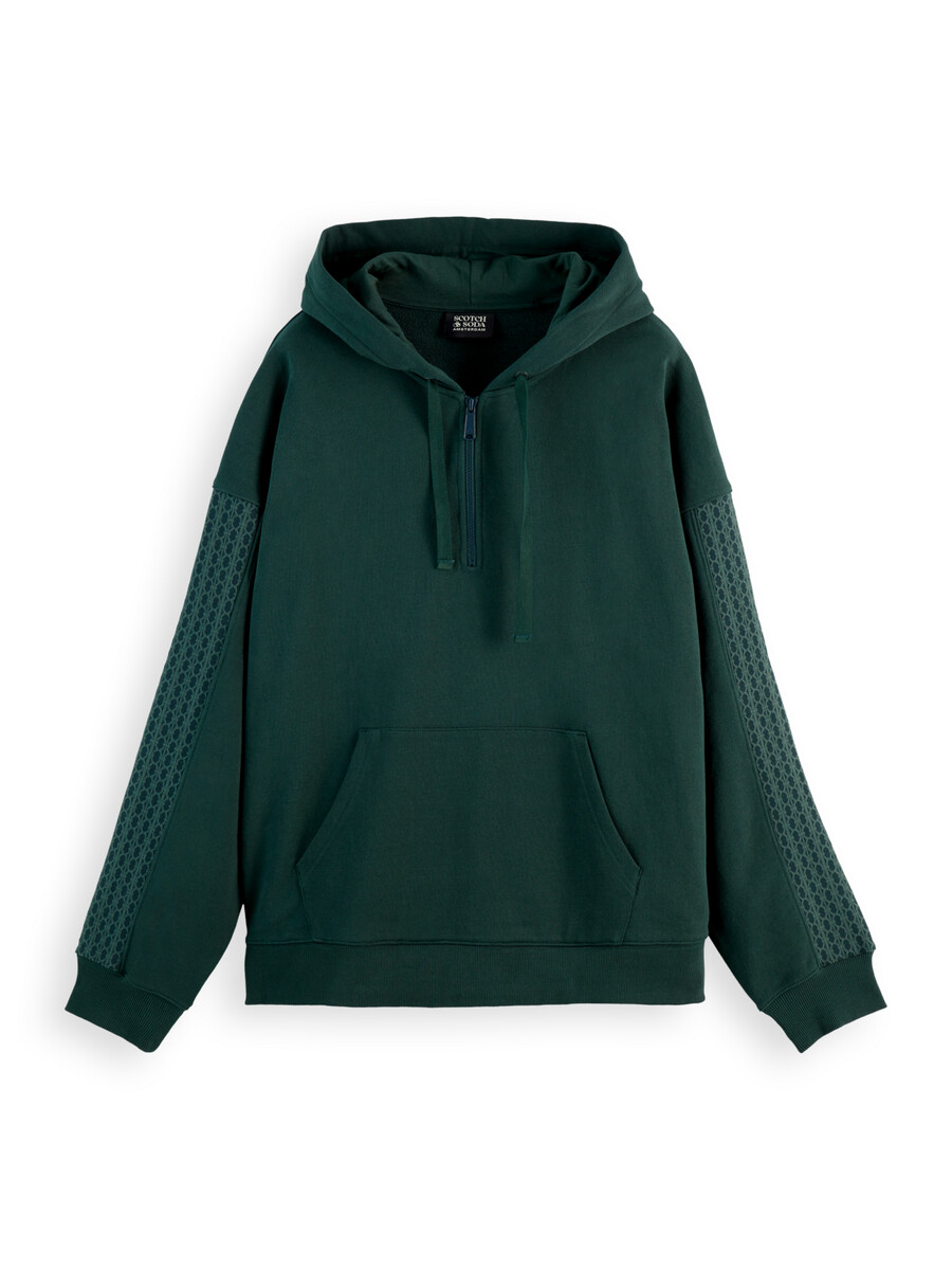 felpa con cappuccio e grafica ampia con mezza zip e inserti a coste