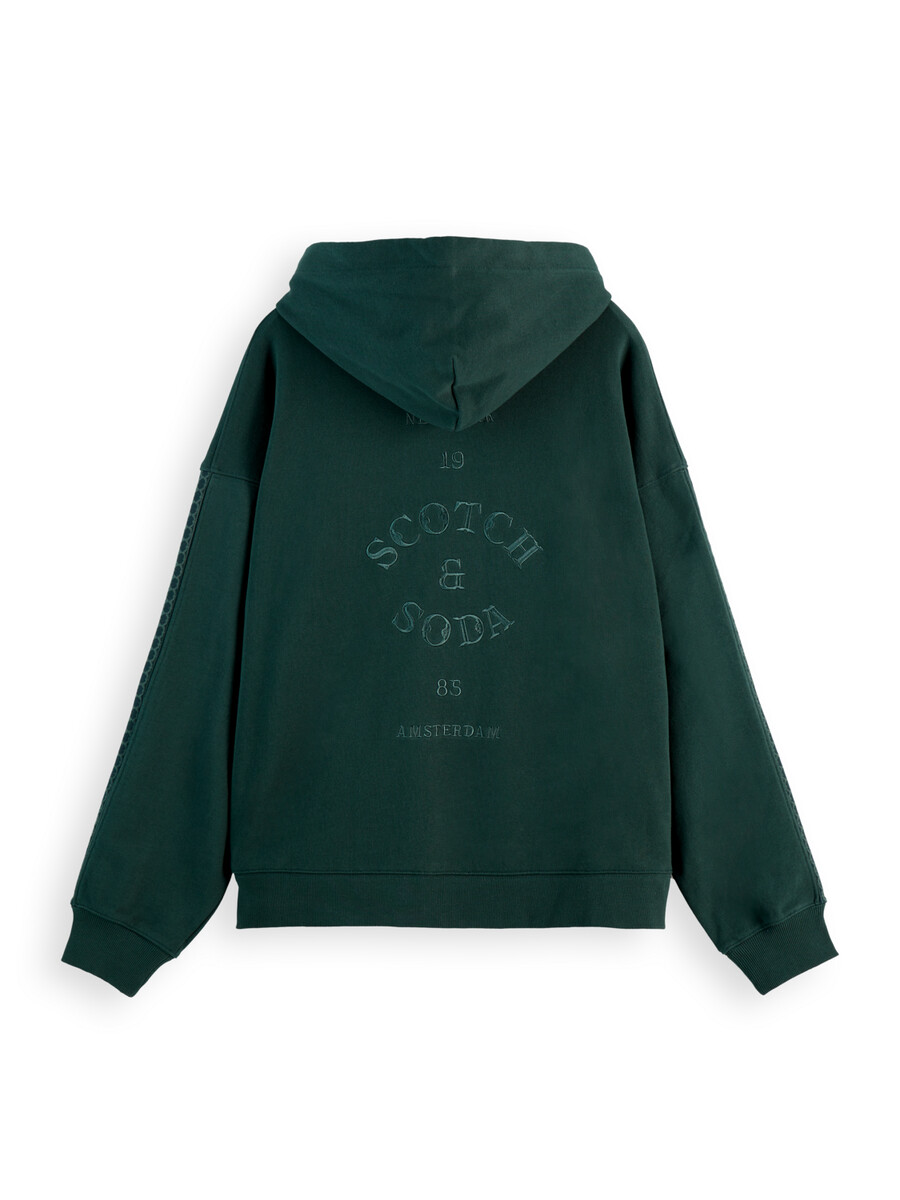 felpa con cappuccio e grafica ampia con mezza zip e inserti a coste