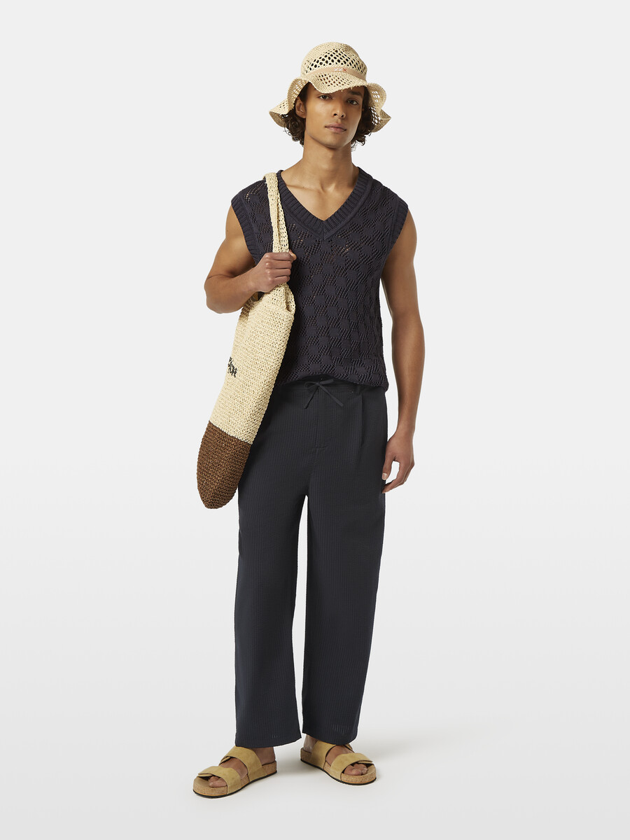jogger plissettato rilassato dritto in misto cotone seersucker