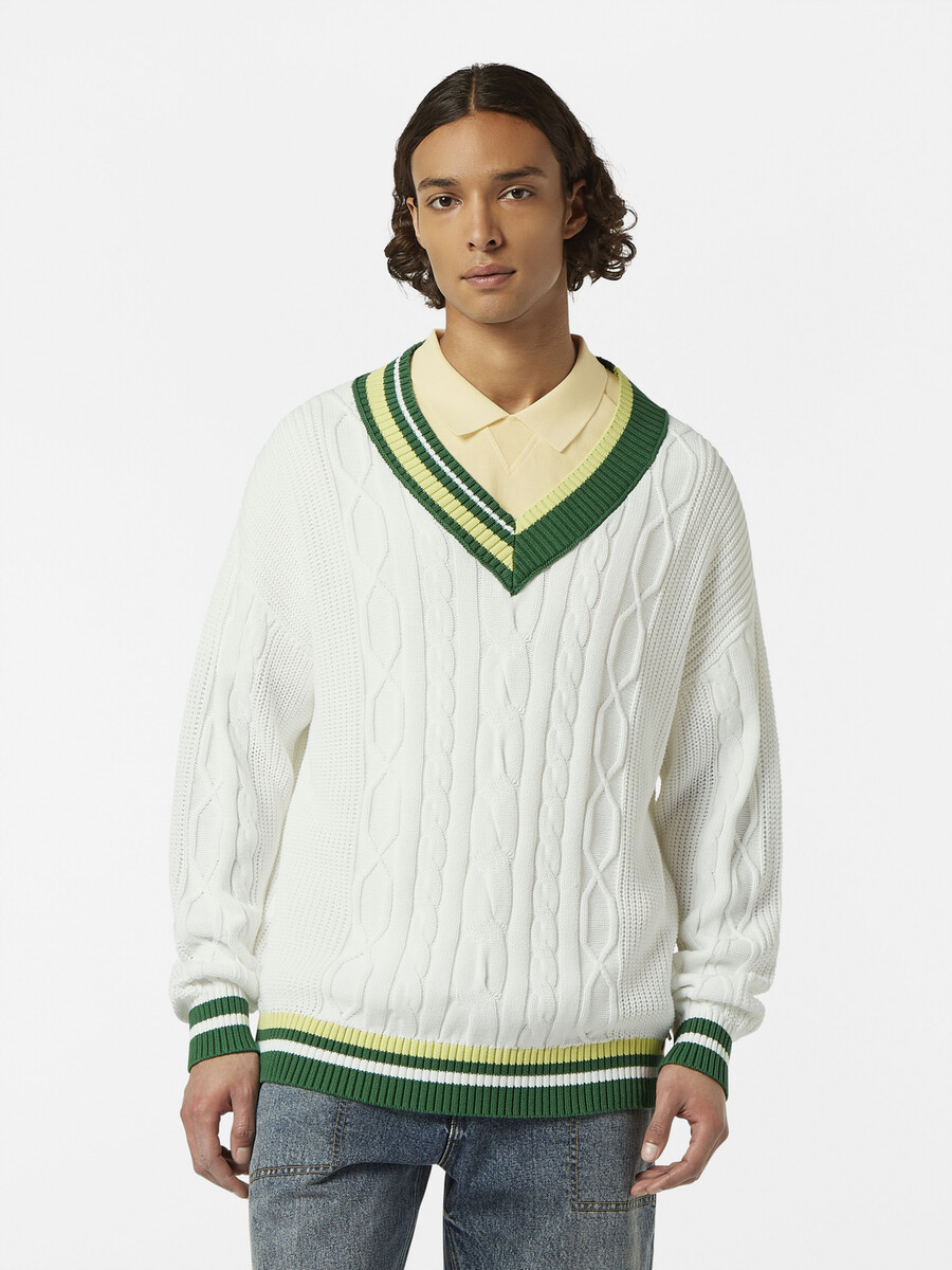 maglione lavorato a maglia con scollo a v e spalle cadenti
